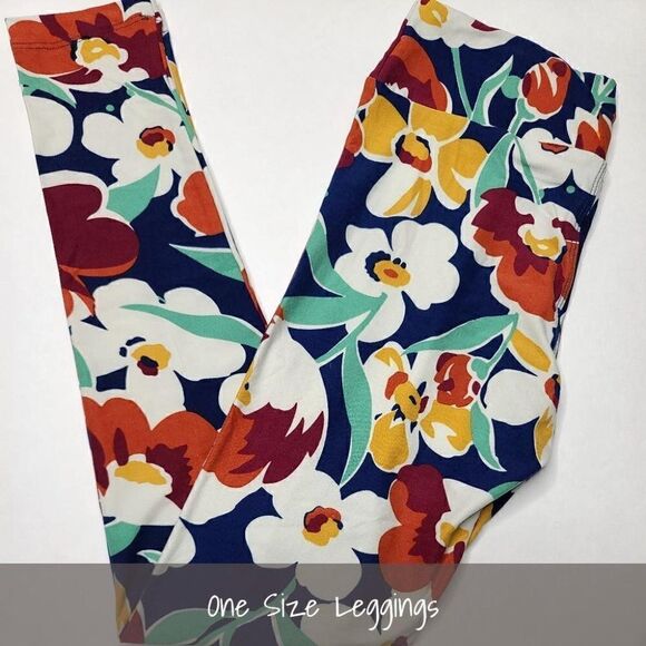LuLaRoe OS Leggings Floral Navy Blue Tropical NEW - Picture 1 of 1